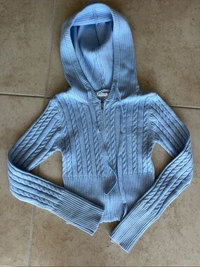 XS Light Blue Cable-Knit Hooded Zip Sweater - Women